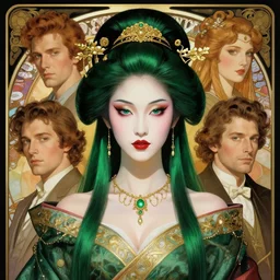 portrait of a beautiful cyberpunk geisha with emerald green hair, beautiful symmetrical face, fantasy, regal, by stanley artgerm lau, greg rutkowski, thomas kindkade, alphonse mucha, loish, norman rockwell.
