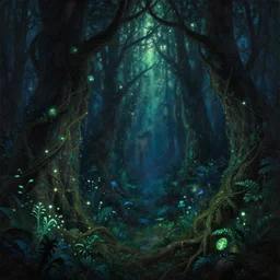 a beautiful painting of a magic dark ancient forest, bioluminiscent vegetation, vines, a thousand lights, volumetric light, artistic, matte painting, digital art, dramatic, by marco mazzoni and arthur rackham, artstation
