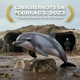 Military dolphin with a cyborg eye is defending a bunker hill, wide angle, color, ultra high resolution, photo realistic, depth of field, award winning, cinematic, color graded