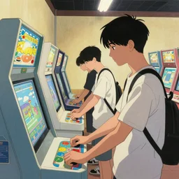 young people playing arcade machines in the style of hasui kawase