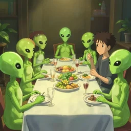 alien dinner party. soft lens, soft light, cel - shading, animation, in the style of cgsociety, deviantart, artstation, zbrush, cinema 4 d, studio ghibli, akihiko yoshida, atelier lulua, masamune shirow