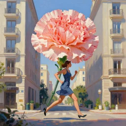 giant carnation flower as head, woman running between luxury apartments, surreal photography, sunlight, impressionist painting, digital painting, artstation, simon stalenhag