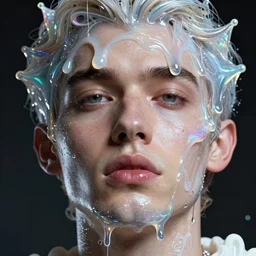 neo rococo extreme close up of gorgeous hyperrealistic male head melts like iridescent ice cream, digital art masterpiece, highly detailed neo pop surrealism, jason limon kay sage hannah yata, dramatic lighting, low angle, uhd 8 k, sharp focus