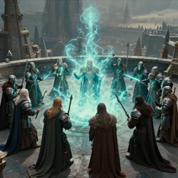 35mm fantasy action film still frame portraying a wide shot of Elf Palace rooftop terrace where The Council of Elves are granting magical defensive spell protection to the Dwarf warriors, the Elf magic is casting a visible blue green electric aura around the group of Dwarves, the light glinting off their armor and weaponry. Cinematic film still. 35mm. Action. High shutter speed. Color Graded. Award winning.