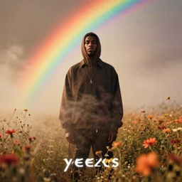 an album cover for the album yeezus by virgil abloh, vintage, field of view, warm color palette, rainbow, spectral color, volumetric light, vapor, mist, floral