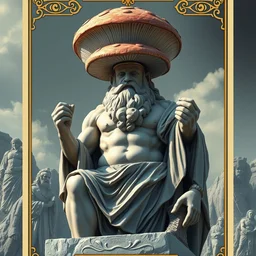a masterpiece hyperdetailed dnd tarot card, magnificent mushroom deity as depicted in a colossal greek marble statue ( with godlike bodybuilder physique ), hd tarot card depicting monumental statue of a mushroom god with cute large mushroom hat, hdr, 8 k, artstationhq, digital art