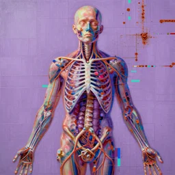 a beautiful glitched painting by robert proch and emilio pettoruti of an anatomy book picture of the human nervous system on matrix wallpaper, color bleeding, pixel sorting, copper oxide and rust materials, brushstrokes by jeremy mann, dramatic lighting, pastel purple background