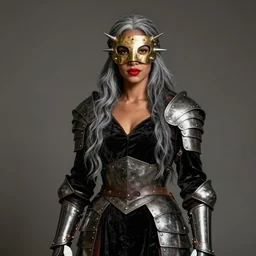 portrait of a warrior woman, mulatto, crossbreed, metis very beautiful face, pleasant facial features, red lips, long gray hair, black closed velvet dress, leather armor, iron armor, white boots, alexander mcqueen clothes, face mask with metal spikes, gold, very beautiful style, photorealism, bouguereau, edgard maxence