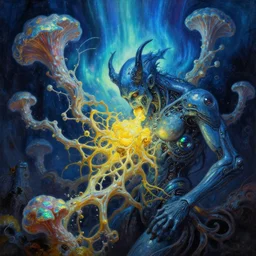 neoclassicist renaissance close - blue aurora demon eating of the strangling network of yellowcake aerochrome, iridescent fungal, with high tech body interface. iridescent textures. highly detailed fantasy science fiction painting by vrubel and chris cunningham. dark and volumetric. artstation