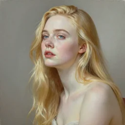 Painting of Elle Fanning dreaming, long blonde hair, delicate, pale milky white porcelain skin, by Jean Giraud Moebius. 8K. Extremely detailed.