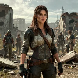 fallout 5, charismatic beautiful rugged brunette female protagonist, portrait, outdoors ruined cityscape, atmospheric lighting, painted, intricate, volumetric lighting, beautiful, daytime, sunny, slight overcast weather, sharp focus, deep colours, ultra detailed, by leesha hannigan, ross tran, thierry doizon, kai carpenter, ignacio fernandez rios