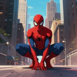 spiderman in a wide city of new york, cinematic lighting, style by makoto shinkai
