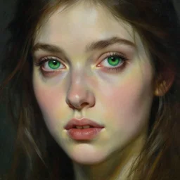 high quality extremely detailed closeup portrait of a young gorgeous female warlock looking away from the camera, green eyes, sparkle in eyes, no hands visible, fantasy, d & d, intricate, painting by lucian freud and mark brooks, hd