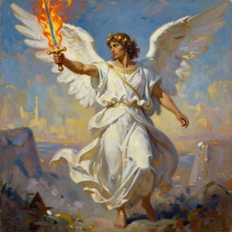 abstract action oil painting of divine angelic man with white ancient Canaanite robes holding a flaming sword, paradise in the background, energetic