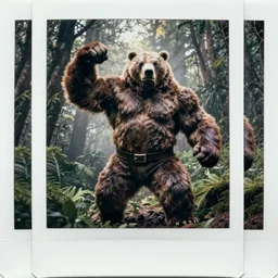 very realistic! epic pose!!!  bulky oversized  grizzly bearpowerlifter giant flexing muscle whole furry body shorts pants  ,in forest jungle  , full body , Cinematic focus, Polaroid photo, vintage , neutral dull colors, soft lights, foggy mist ,  by oleg oprisco , by national archives,  by discovery channel, by victor enrich , by gregory crewdson