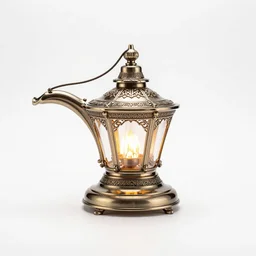 luxurious genie lamp, commercial catalog photo, isolated on a pure white background, centered, entire object in frame, sharp focus, soft studio lighting