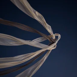 twisted ribbons of beautiful fabric unravel chaotically in strong winds across a dark night sky, unreal engine