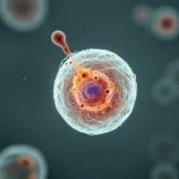 microscope scientific photo of a tiny microscopic nuclear explosion documented inside a cell nucleus