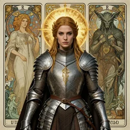 Elisha Cuthbert as a Elden Ring warrior masterpiece, art nouveau tarot style, intricate medieval armour, centred symmetrical portrait, shoulders and head, golden halo behind her head, by Edgar Maxence, Ross Tran, distaw Beksinski, Michael Whelan, gustav dore, H.R. Giger, and Mucha, 8k, octane render