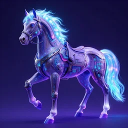 a stunning cyberpunk horse with bioluminescent mane and tail by sandra chevrier and greg rutkowski, neon hooves, purple blue color scheme, vaporware, retro, outrun, high key lighting, volumetric light, digital art, highly detailed, fine detail, intricate, ornate, complex, octane render, unreal engine, photorealistic