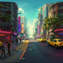 streetview equirectangular 360 photo of cyberpunk 2077, colorful, by Andy Thomas, Mario Martinez, Daniel Mirante, Gustave Dore, Artstation, CGsociety, masterpiece