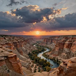 stunning landscape of unique cloudy sunset, sandstone canyon, taiga river, intricate details, digital art by rob gonsalves, oil on canvas by ivan shishkin
