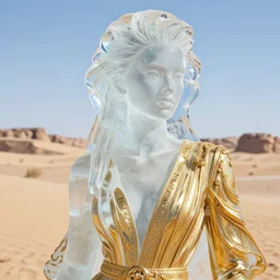 close up of face of female fashion model, ice sculpture in desert, gold plated, versace dress, highly detailed