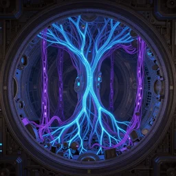 inside anthills, ornate and intricate, by greg rutkowski, by anton fadeev, by rhads, 4 k, cyber punk style, glowing blue veins, purple glowing wires