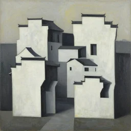 a painting of abstract buildings like chinese village houses by zaha hadid and yves tanguy