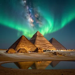 an establishing shot of the pyramids of giza, at night time, reflecting pool, milky way, strong aurora overhead, northern lights, anamorphic, cinestill colour cinematography