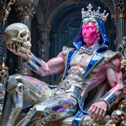 hyper detailed ultra sharp photo of baroque and bladerunner neon crystalline ceramic sculpture of seductive muscular prince kit butler dotado albino pink iridescent humanoid deity wearing blue hooded metallic tuxedo holding an glass skull in a onyx dungeon, reclining, glowing magenta face, crown of white diamonds, cinematic lighting, photorealistic, octane render 8 k depth of field 3 d