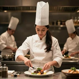 portrait of attractive female chef ( very long dark hair tied in a ponytail, wearing a chef's hat ) cooking a meal, ( ( wholesome, ) ) blurry background of the kitchen of a highend restaurant, bloom, medium shot, waist up, dramatic lighting, in the style of studio ghibli, j. c. leyendecker, greg rutkowski, artgerm