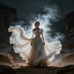 1 9 7 0's artistic spaghetti western movie, a woman in a giant billowy wide flowing waving dress made out of white smoke, standing inside a dark western rocky scenic landscape, volumetric lighting, backlit, moody, atmospheric
