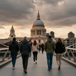 a colour photograph of people walking over the millennium bridge in london, towards st paul's cathedral at sunset, street photography, candid, urban photography, cityscape, fujifilm, fujinon, 2 4 mm focal length, dramatic lighting, epic sky, golden hour