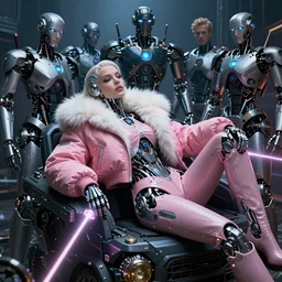 beautiful fantasy character portrait of a female cyborg, wearing pink puffy bomber jacket with white fur, seductive reclining pose, lasers, ultra realistic, dramatic lighting, robots, the fifth element artifacts, highly detailed by peter mohrbacher, hajime sorayama, wayne barlowe, boris vallejo, aaron horkey, gaston bussiere, craig mullins