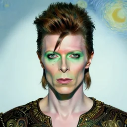 close up portrait of david bowie, symmetrical face, shades of green, beautiful face, rule of thirds, intricate outfit, spotlight, by greg rutkowski, by jeremy mann, by francoise nielly, by van gogh, digital painting