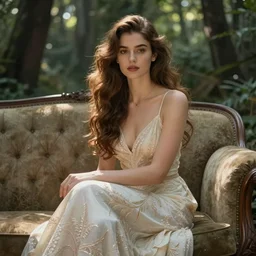 a single queen sitting by herself on a sofa in a forest, drawn by CloverWorks, elegant, beauty, nurturing