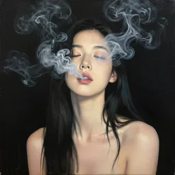 dark background, light paint, minimal painting, candid portrait of a very very beautiful! young filipino woman with very narrow face, closed eyes and flowing long hair, blowing smoke from her mouth, surrounded by thick swirling smoke, face partially obscured, by conrad roset, abstract background, dramatic lighting, minimal art, trending on artstation