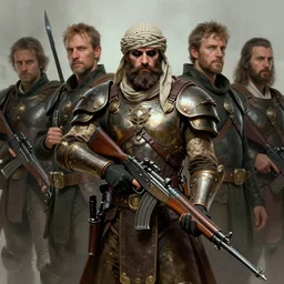 portrait of handsome, haunted, brown - bearded far - future resistance fighter wearing partial byzantine power armor and shemagh carrying slender laser rifle with bayonet by greg rutkowski, beksinski, deak ferrand, anato finnstark, and rembrandt