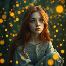 an astonished young woman surrounded by golden firefly lights in a mesmerizing scene, sitting amidst nature fully covered, intricate detailed dress, long loose red hair, precise linework, accurate green eyes, small nose with freckles, smooth oval head, expressive emotions, hyper realistic ultrafine portrait by artemisia gentileschi, jessica rossier, artgerm
