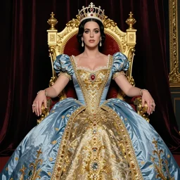 katy perry is a queen from the 1 8 0 0's, blue and gold dress, lavish crown, sitting upon a throne, artist is norman rockwell,