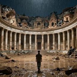 pov one man walking in a giant ancient ballroom neoclassical buildings, troglodyte temples in a deep pit, high quality, mud, rain, by night, by andrei rublev