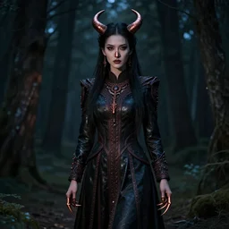 highly detailed, ultra realistic, cinematic portrait, woman, high detail, 8 k, sharp focus, movie still, dramatic lighting, ray tracing, smooth, a female evil demonic character of kazakh mythology, jeztyrnauk, beautiful young girl with a copper nose and copper claws, standing in the night forrest, full body