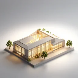 architectural model, isometric view, 3 d render, studio lighting, low contrast, brightly lit studio, highly detailed, a thick building with long triangular plan and large windows, mansard roof, tree
