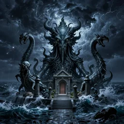 in the style of Kelly McKernan, Chtulhu, Lovecraftian, ocean, night, storm,  lighting