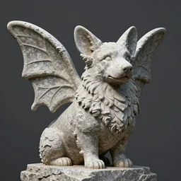 corgi gargoyle with butterfly wings made of stone, uncropped, photography