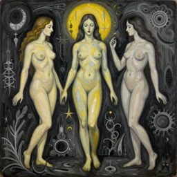 the three fates | pain, pleasure, suffering, adventure, love, life, afterlife, souls in joy and agony disaster, miracle, love | abstract oil painting, gouche on paper by MC Escher and Salvador Dali and raqib shaw and Josef albers on LSD |