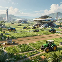 fully detailed landscape cyberpunk farmland , futuristic tractors, Ai , in the future, high quality, 8k , octane render