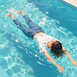 girl swimming in jeans and a t - shirt in a pool, sunny, bright, reflections, intricate, sharp focus, lens flare, bloom, illustration, highly detailed, digital painting, concept art, matte, art by ruan jia and wlop and greg rutkowski, masterpiece