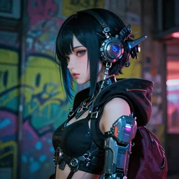 cyberpunk anime girl mech, cyberpunk accessory, side view, 3 / 4 shot, street night, beautiful face, grafity, arcane, detail, good face, pose model, concept art, in style of yoji shinkawa, pan ren wei, col price, atey ghailan, by greg rutkowski, aesthetic, digital painting, 3 d